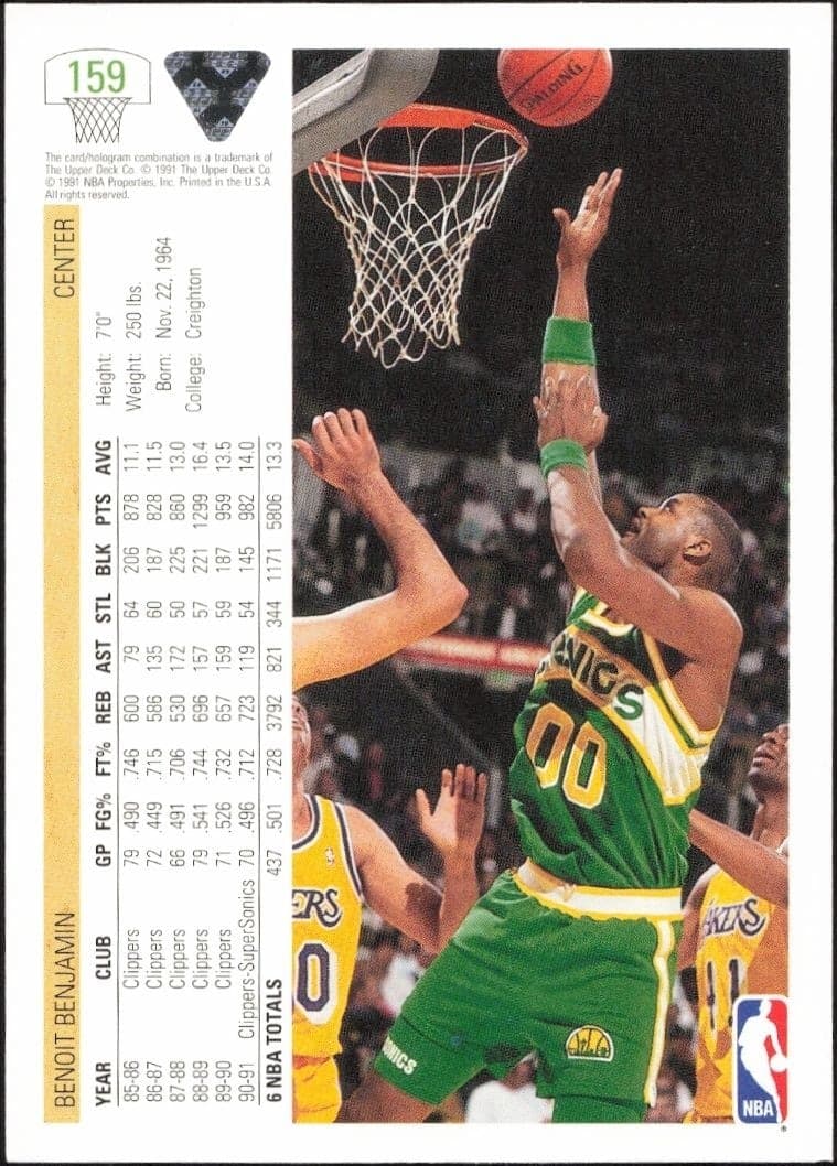 1991-92 Upper Deck Benoit Benjamin #159 basketball trading card back