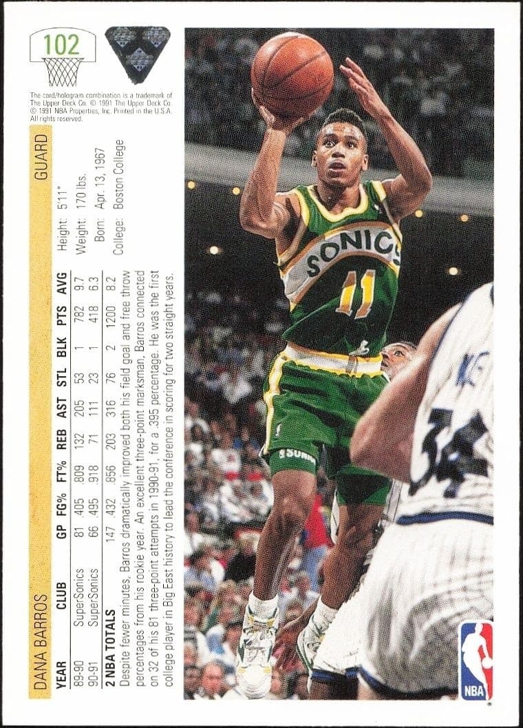 1991-92 Upper Deck Dana Barros #102 basketball trading card back