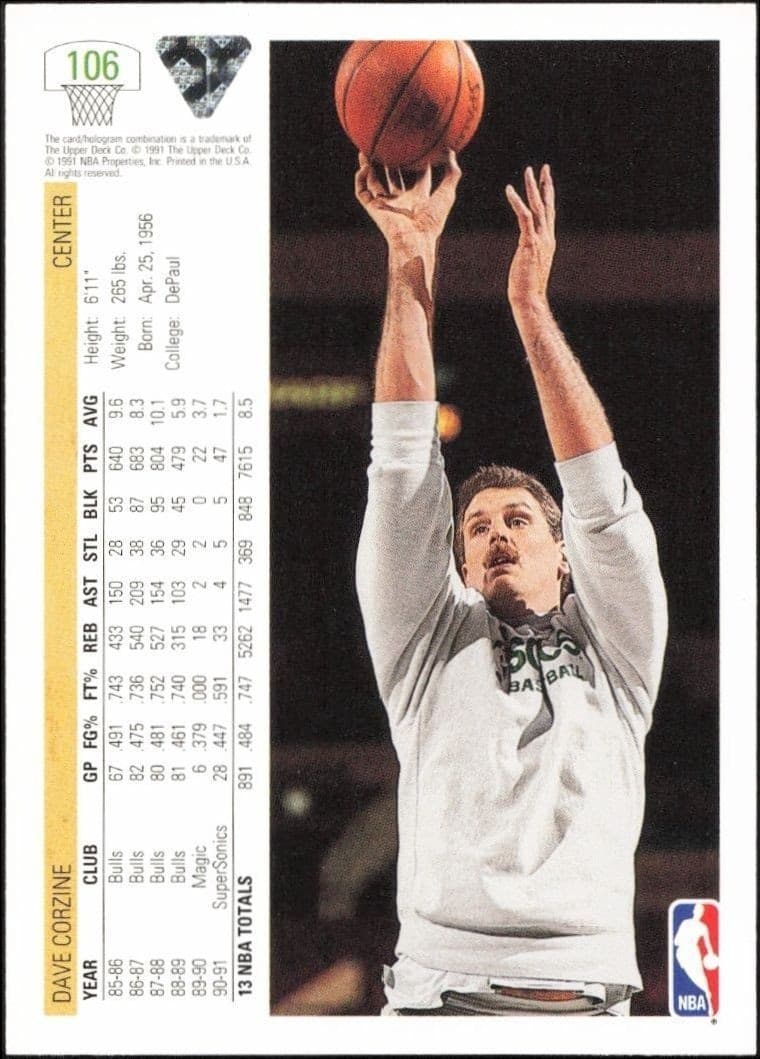 1991-92 Upper Deck Dave Corzine #106 basketball trading card back