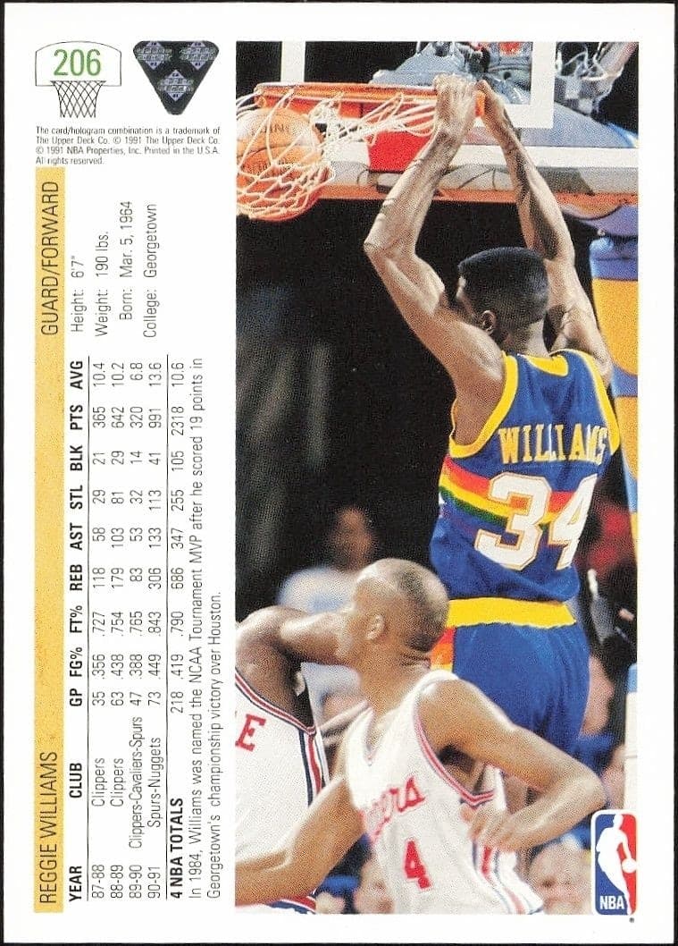 1991-92 Upper Deck Reggie Williams #206 basketball trading card back