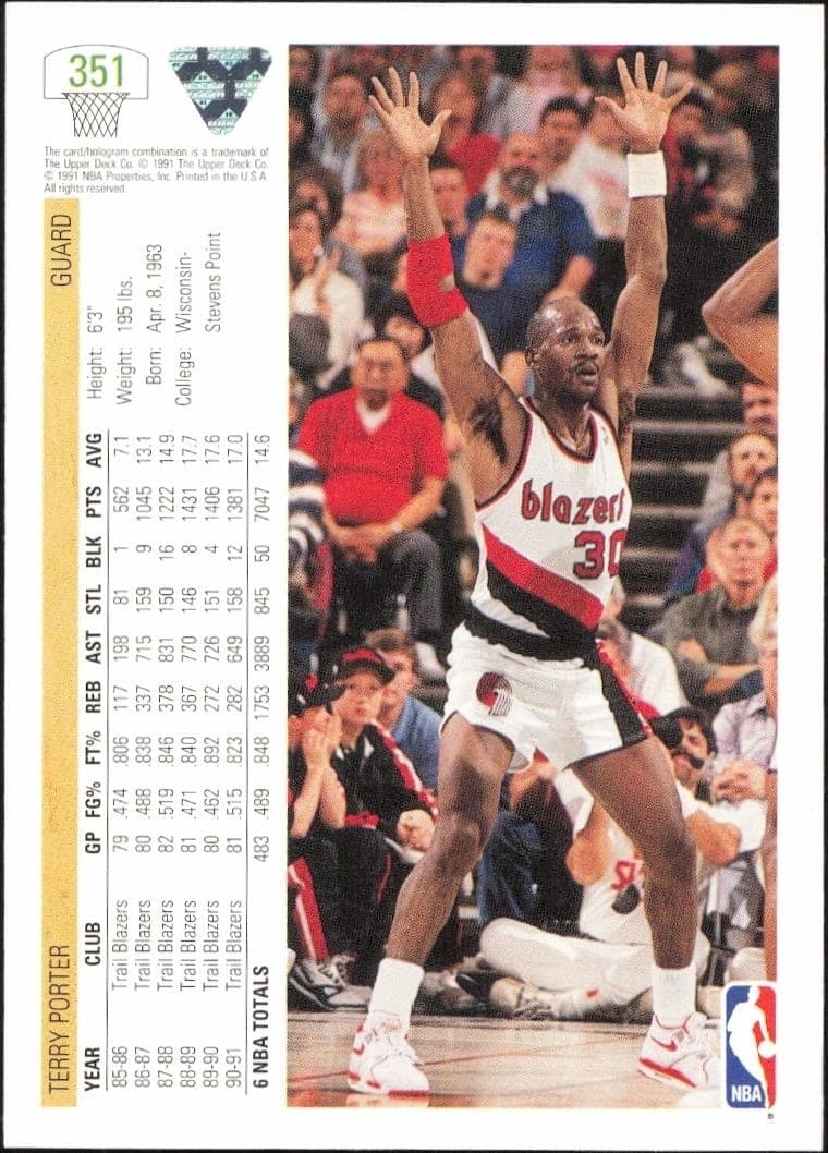 1991-92 Upper Deck Terry Porter #351 basketball trading card back