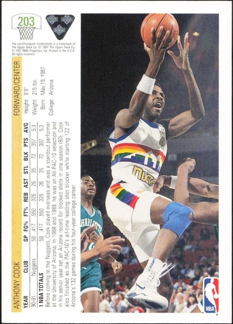 1991-92 Upper Deck Anthony Cook #203 basketball trading card back