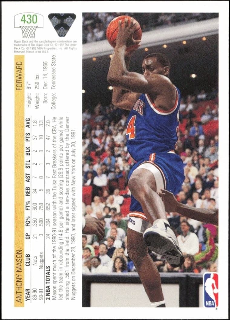 1991-92 Upper Deck Anthony Mason #430 basketball trading card back