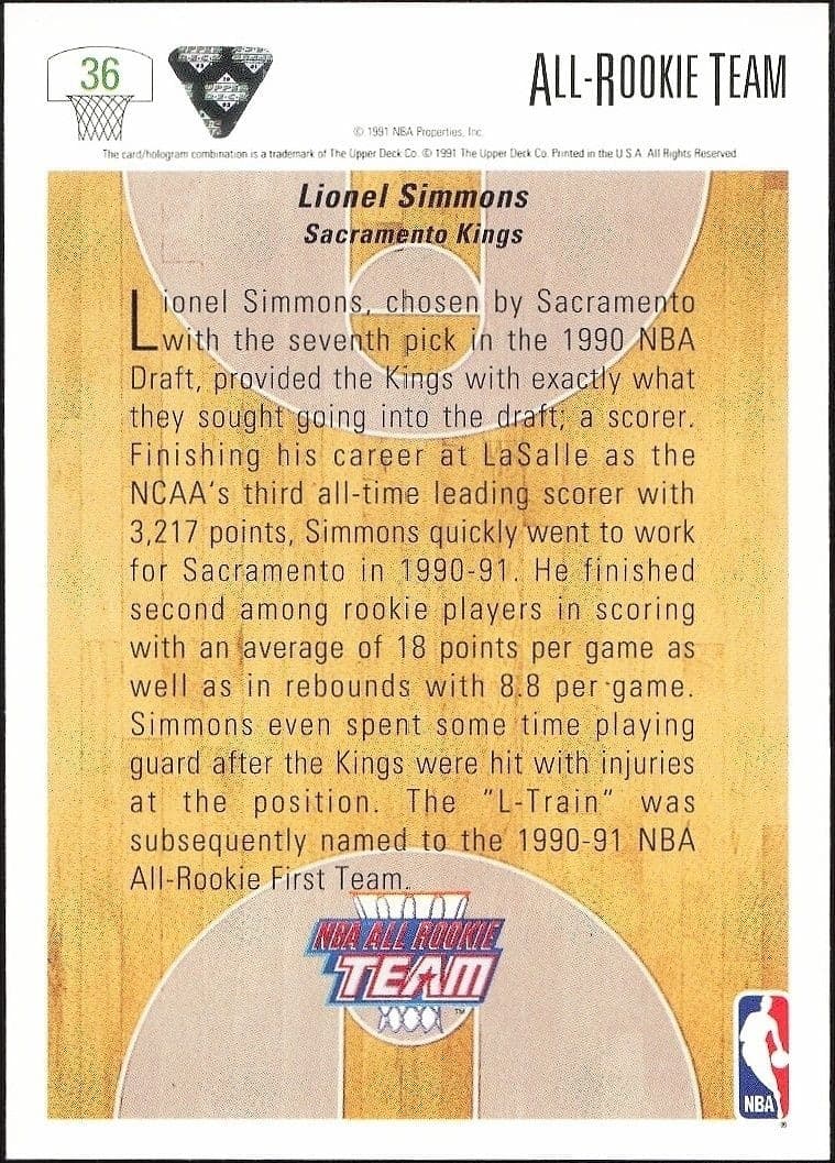 1991-92 Upper Deck Lionel Simmons #36 basketball trading card back