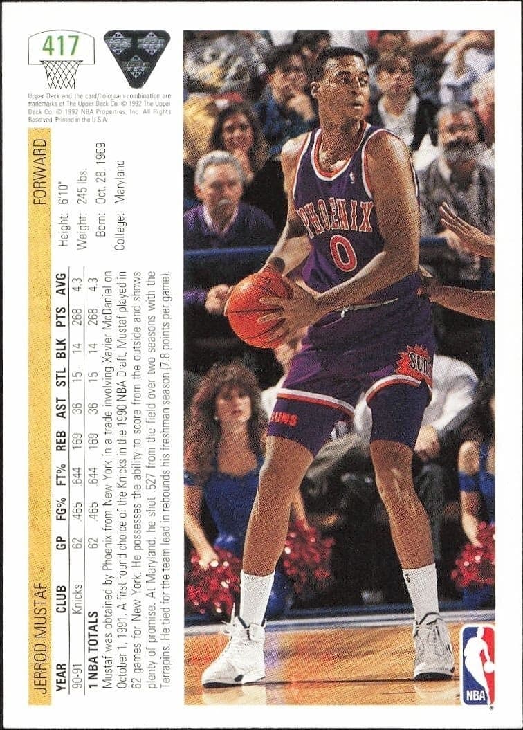 1991-92 Upper Deck Jerrod Mustaf #417 basketball trading card back