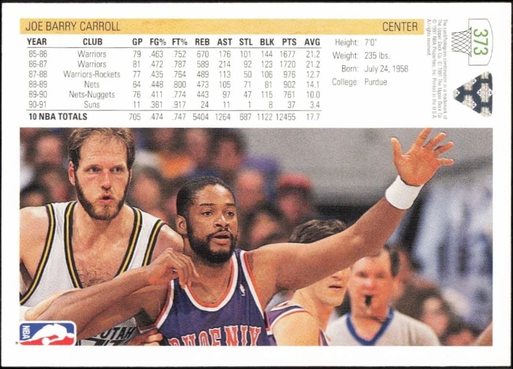 1991-92 Upper Deck Joe Barry Carroll #373 basketball trading card back