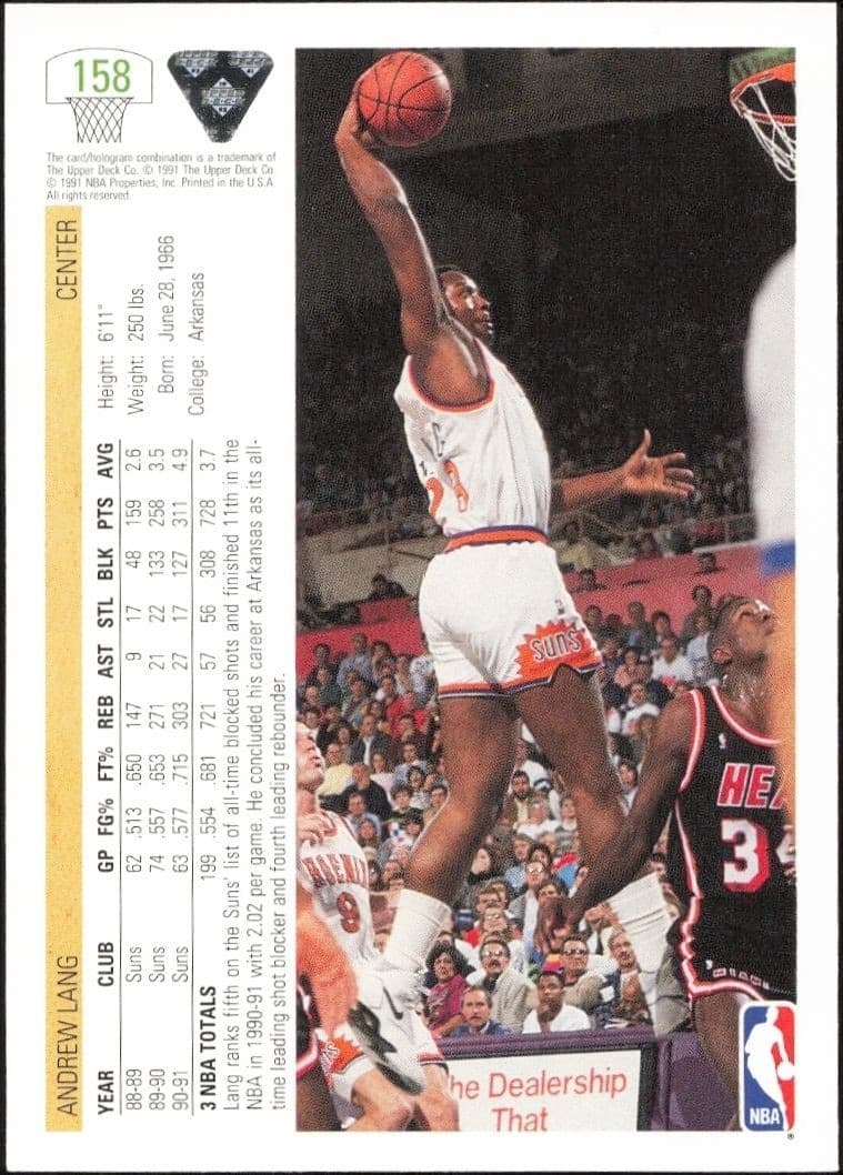 1991-92 Upper Deck Andrew Lang #158 basketball trading card back