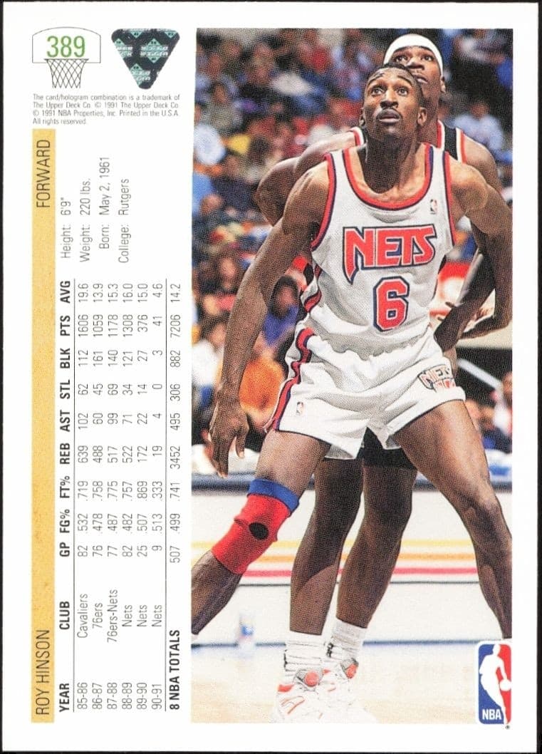 1991-92 Upper Deck Roy Hinson #389 basketball trading card back