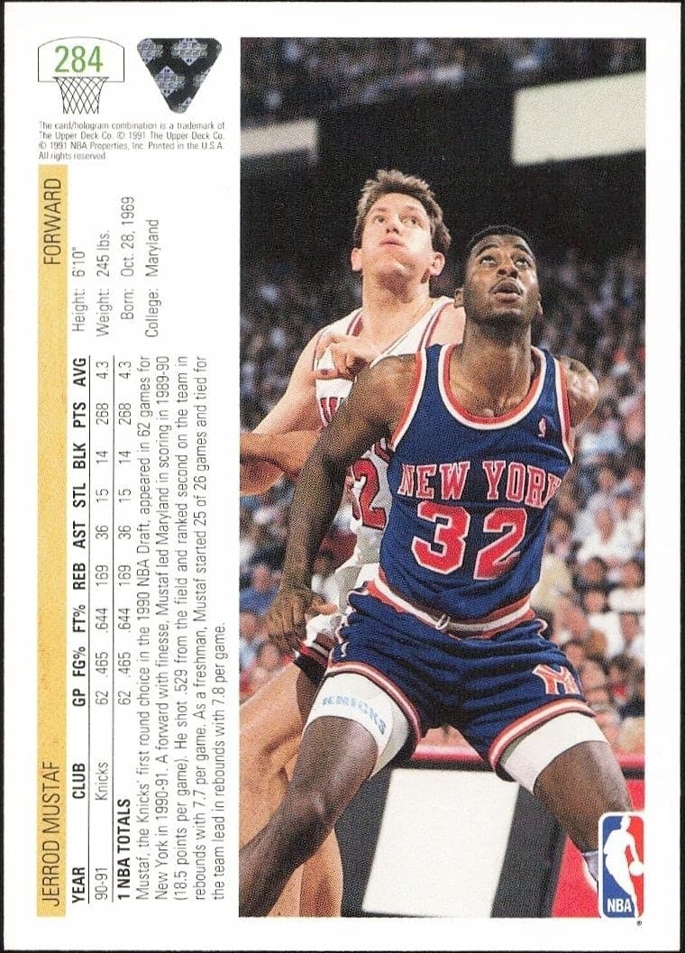 1991-92 Upper Deck Jerrod Mustaf #284 basketball trading card back
