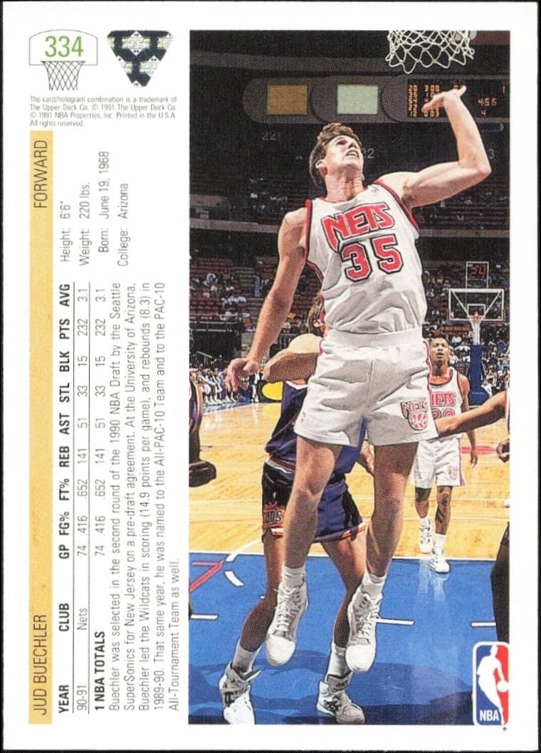 1991-92 Upper Deck Jud Buechler #334 basketball trading card back