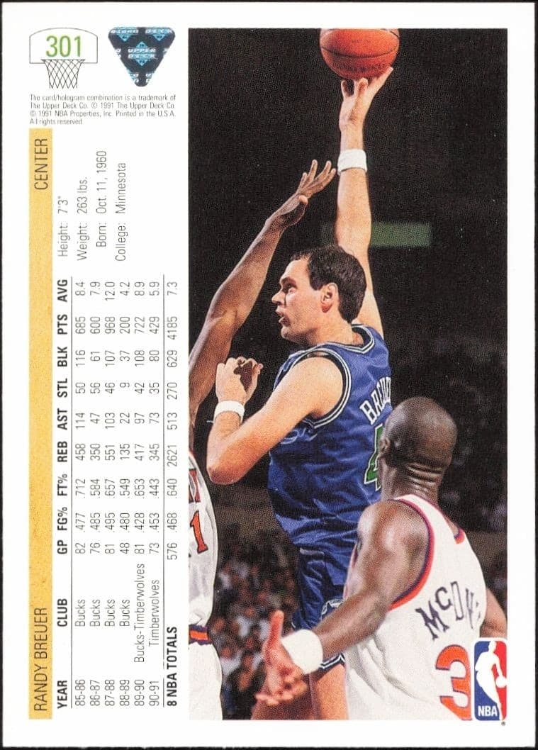 1991-92 Upper Deck Randy Breuer #301 basketball trading card back