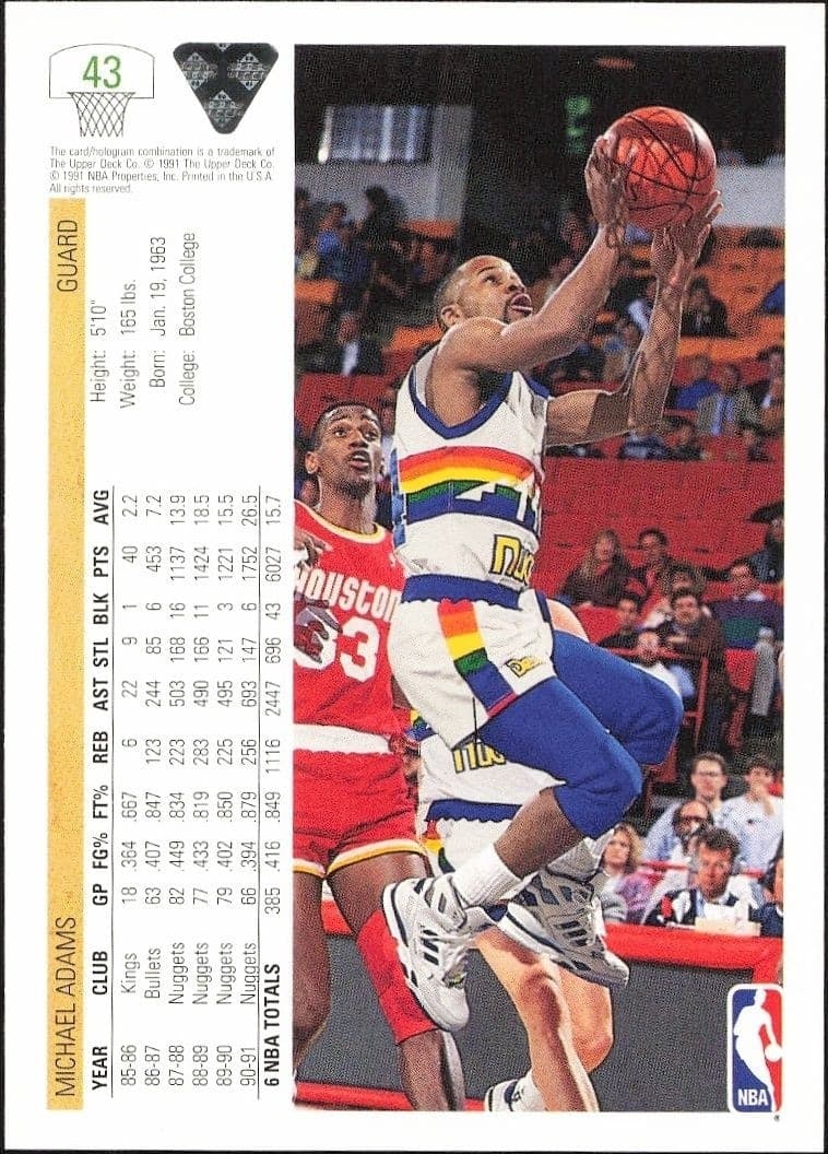 1991-92 Upper Deck Michael Adams #43 basketball trading card back