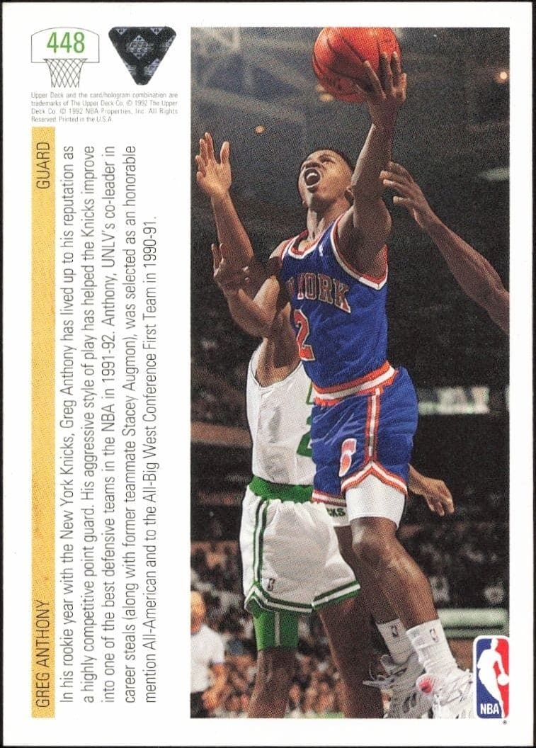 1991-92 Upper Deck Greg Anthony #448 basketball trading card back