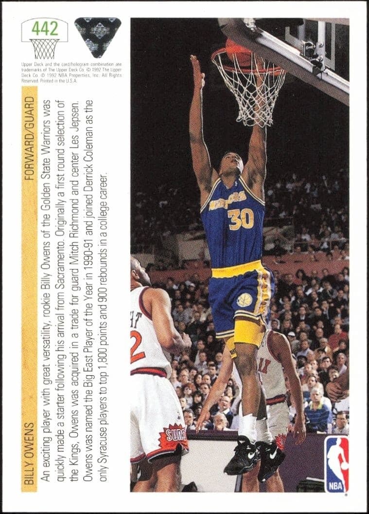 1991-92 Upper Deck Billy Owens #442 basketball trading card back