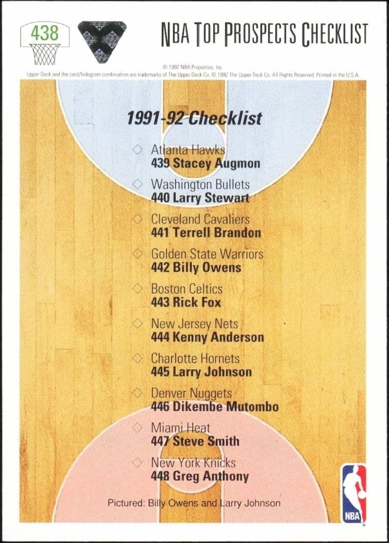 1991-92 Upper Deck Billy Owens #438 basketball trading card back