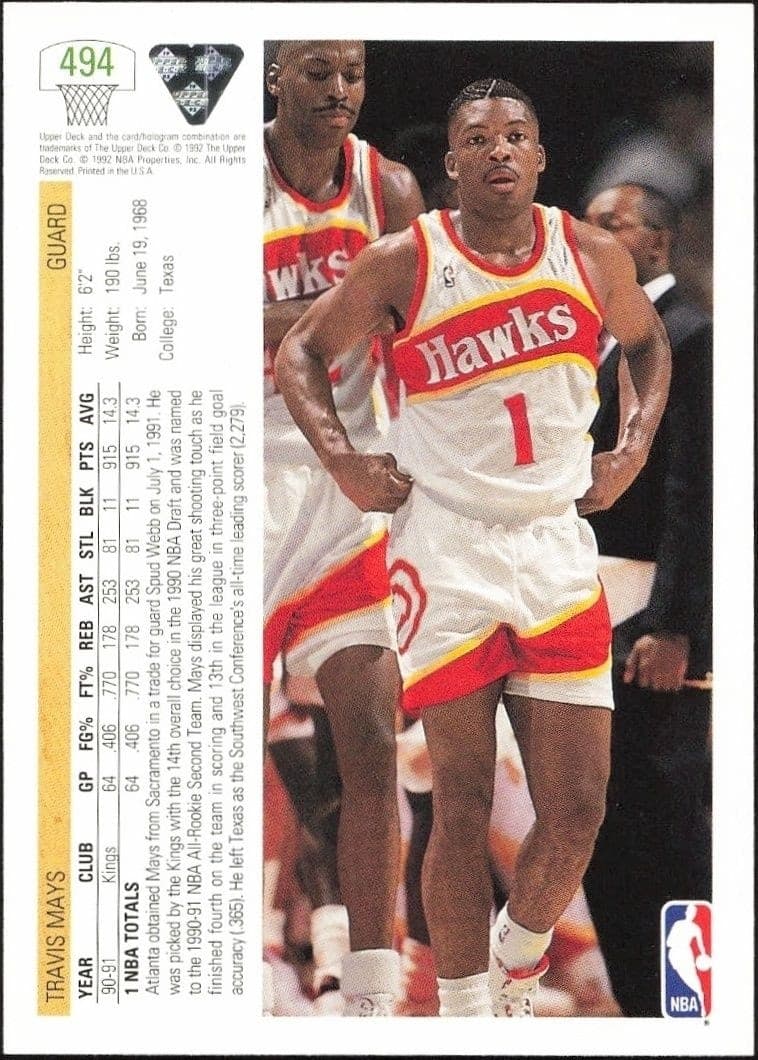 1991-92 Upper Deck Travis Mays #494 basketball trading card back