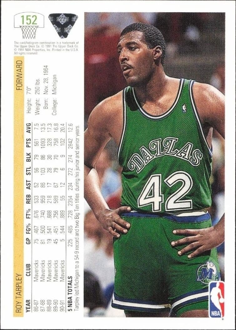 1991-92 Upper Deck Roy Tarpley #152 basketball trading card back