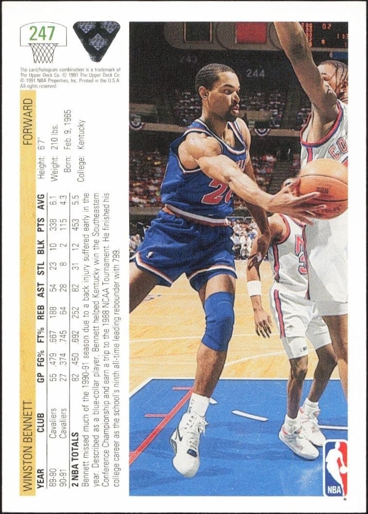 1991-92 Upper Deck Winston Bennett #247 basketball trading card back