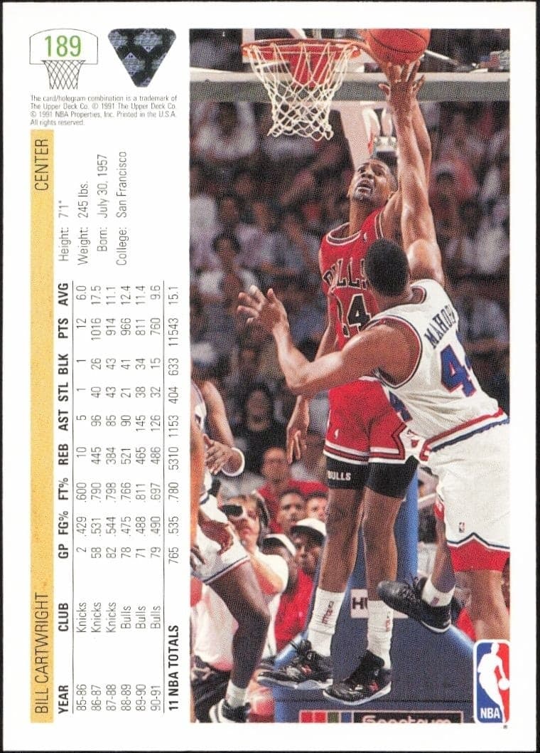 1991-92 Upper Deck Bill Cartwright #189 basketball trading card back