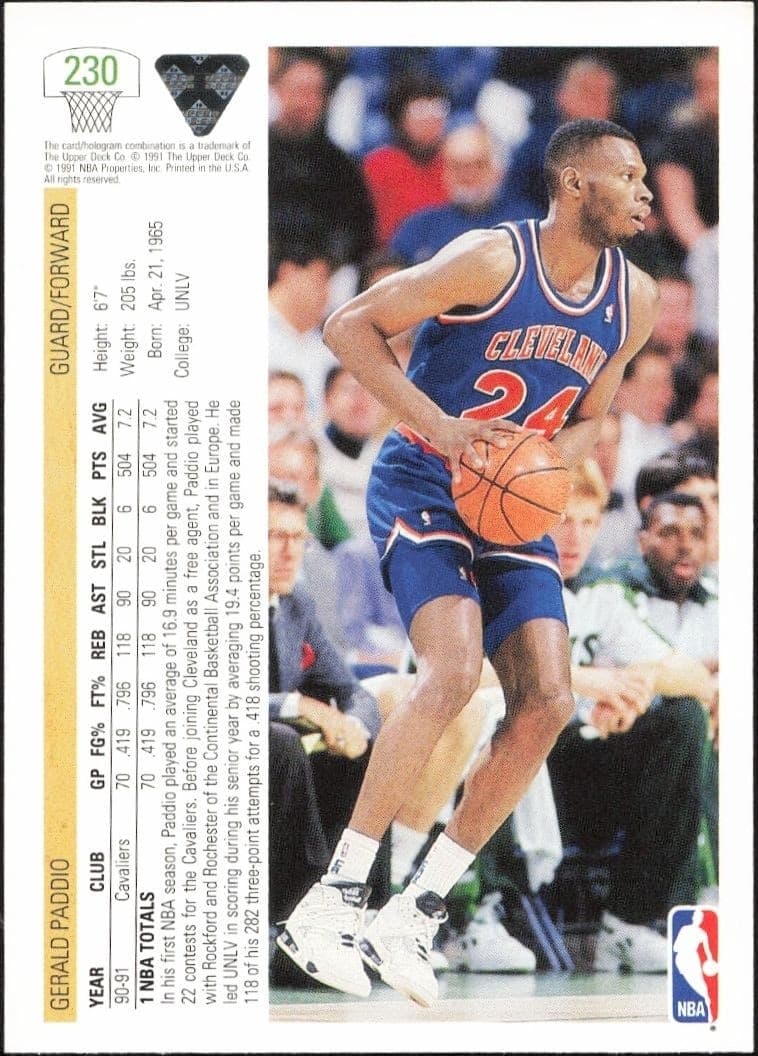 1991-92 Upper Deck Gerald Paddio #230 basketball trading card back