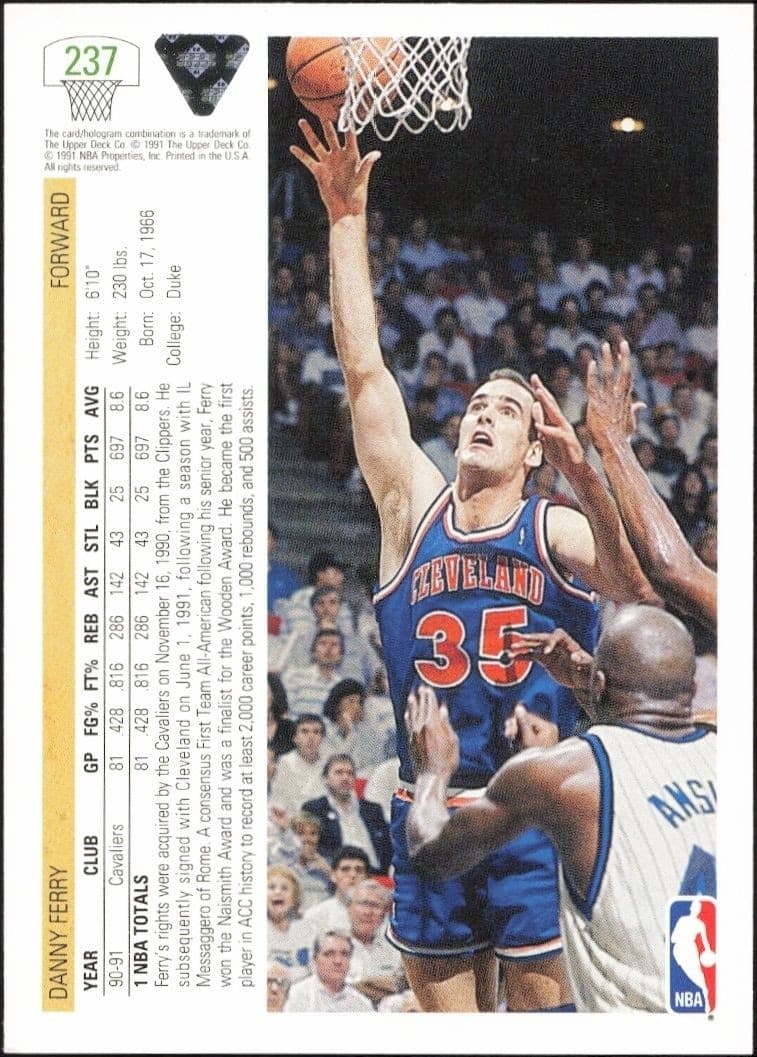 1991-92 Upper Deck Danny Ferry #237 basketball trading card back