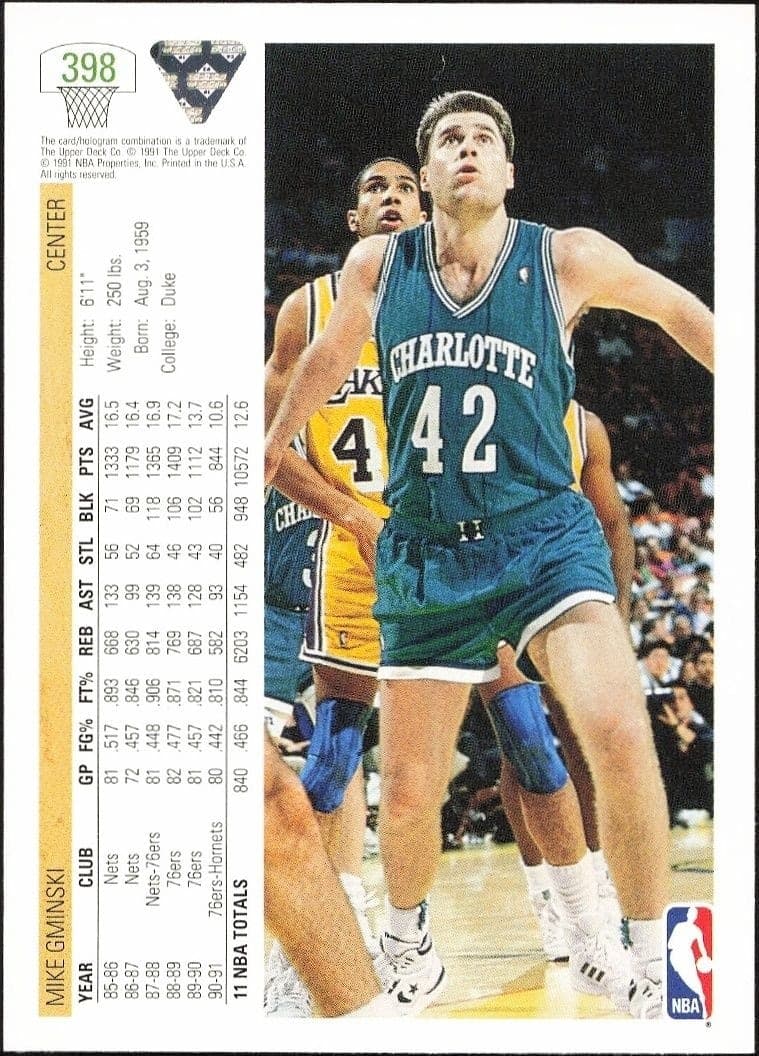 1991-92 Upper Deck Mike Gminski #398 basketball trading card back