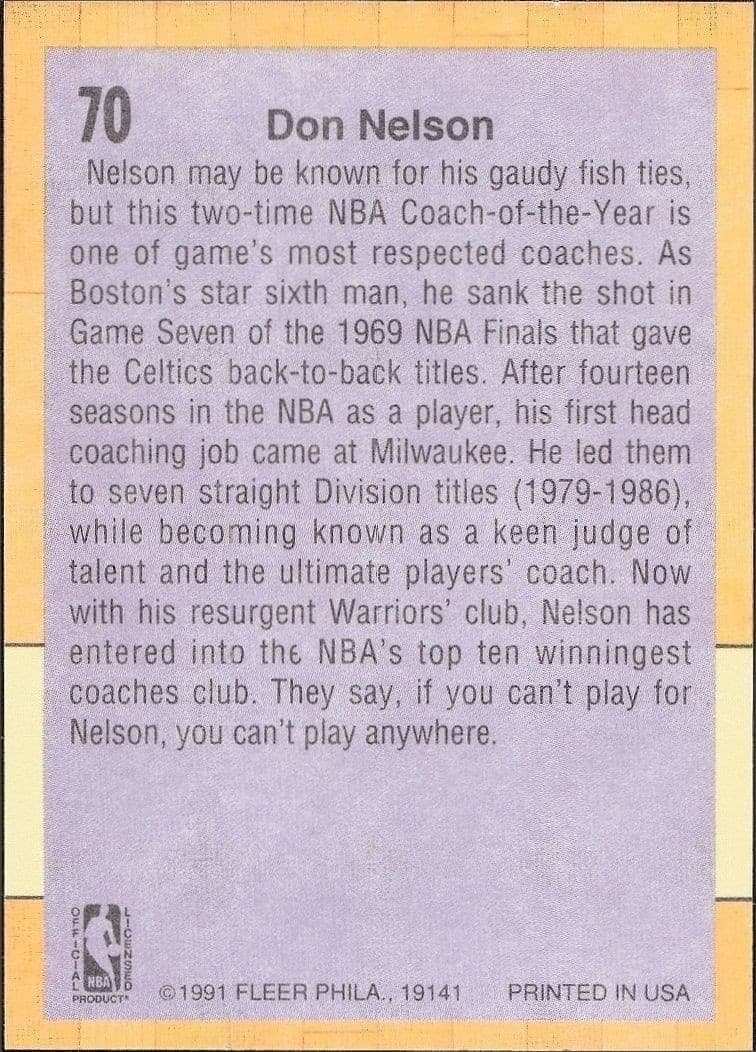 1991-92 Fleer Don Nelson #70 basketball trading card back