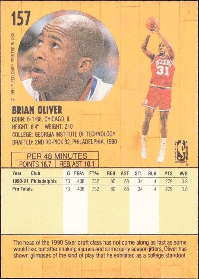 1991-92 Fleer Brian Oliver #157 basketball trading card back