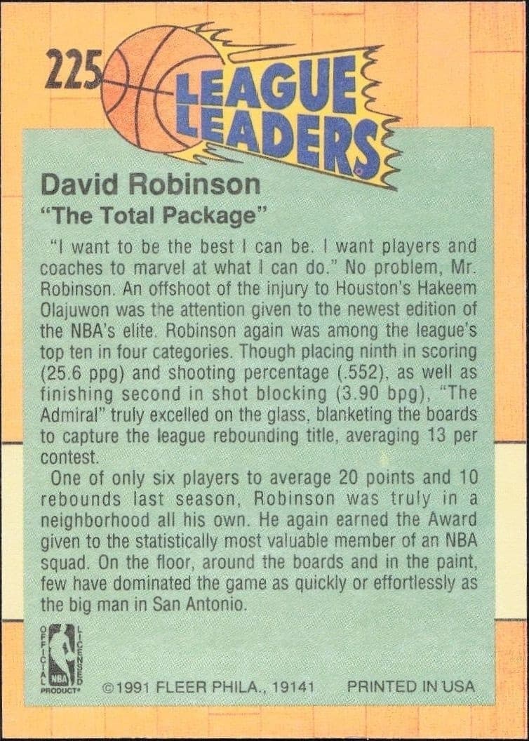 1991-92 Fleer David Robinson #225 basketball trading card back