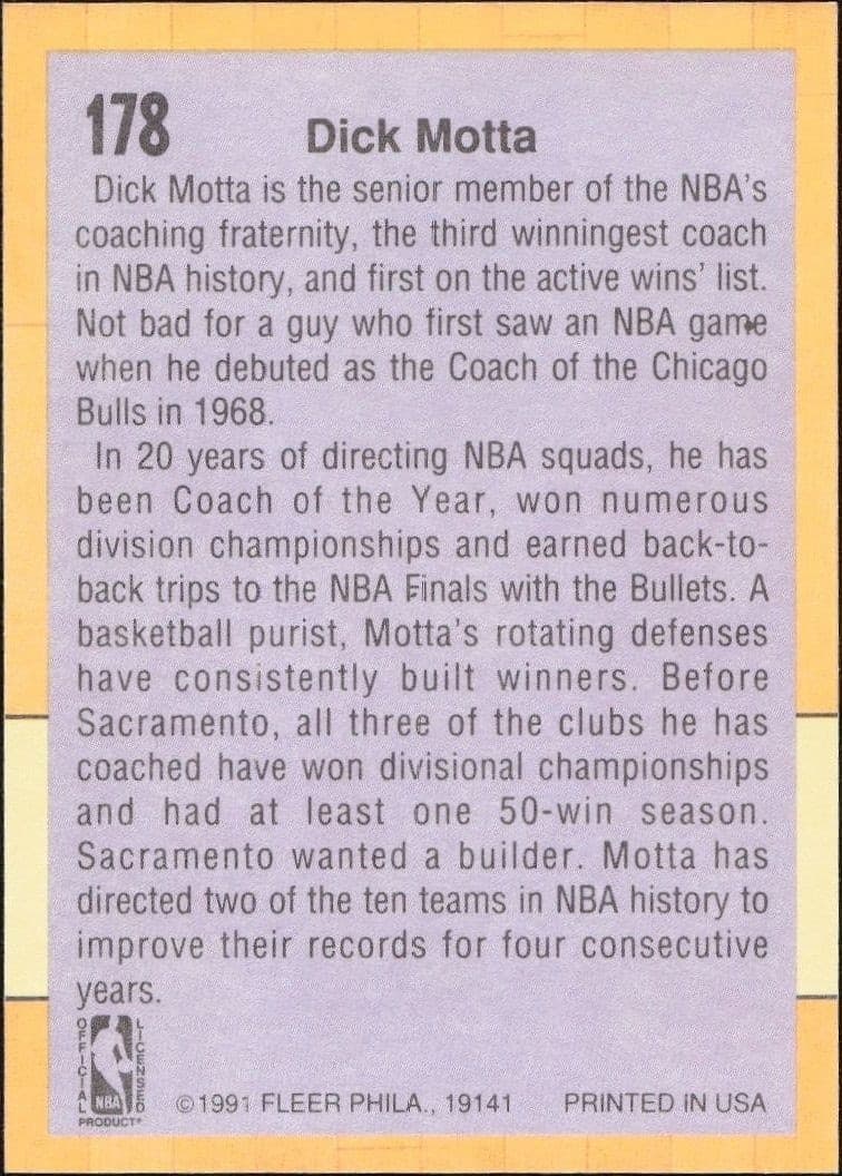 1991-92 Fleer Dick Motta #178 basketball trading card back