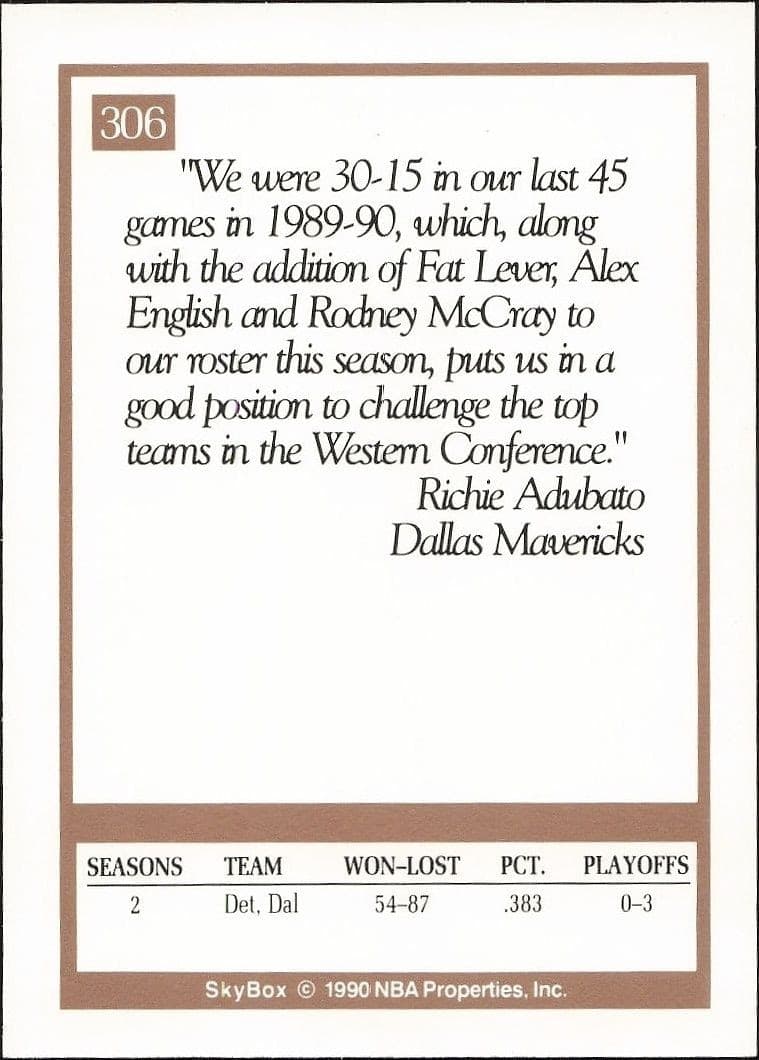 1990-91 Skybox Richie Adubato #306 basketball trading card back
