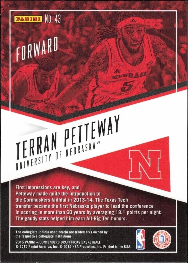 2015-16 Panini Contenders Draft Picks Terran Petteway #43 basketball trading card back