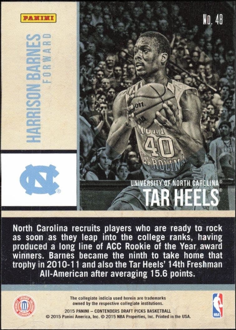 2015-16 Panini Contenders Draft Picks Harrison Barnes #48 basketball trading card back