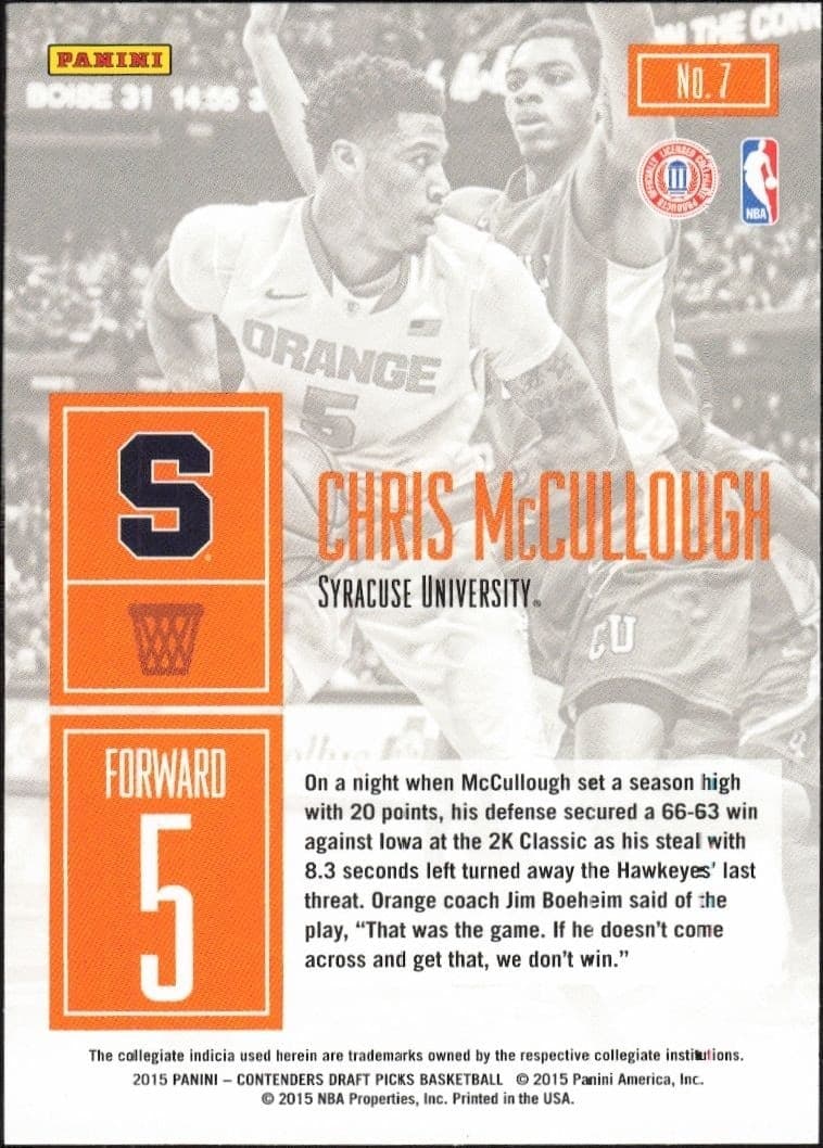 2015-16 Panini Contenders Draft Picks Chris McCullough #7 basketball trading card back