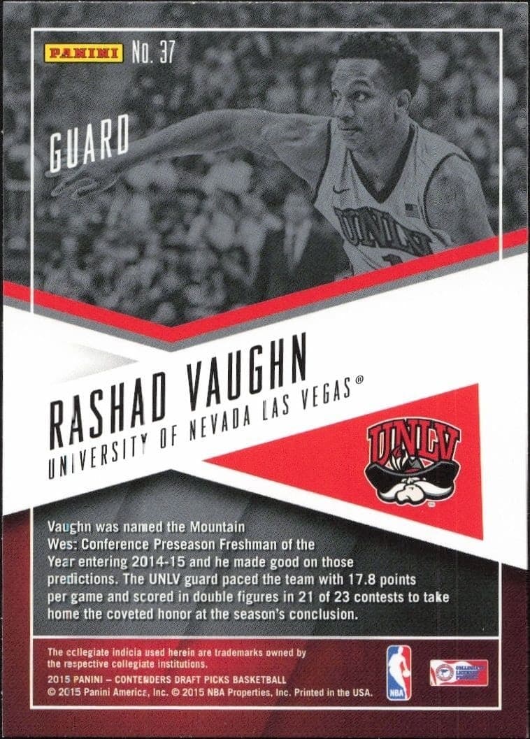 2015-16 Panini Contenders Draft Picks Rashad Vaughn #37 basketball trading card back