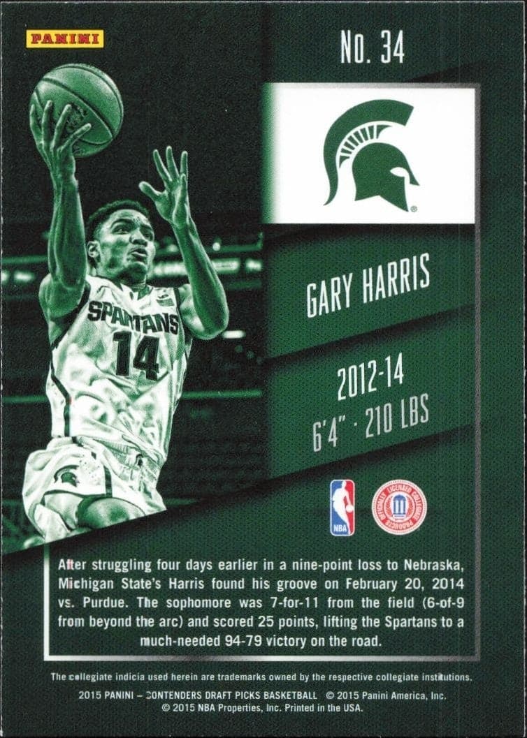 2015-16 Panini Contenders Draft Picks Gary Harris #34 basketball trading card back
