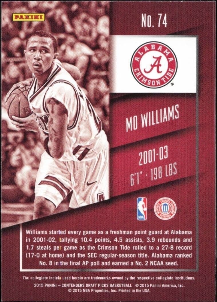 2015-16 Panini Contenders Draft Picks Mo Williams #74 basketball trading card back