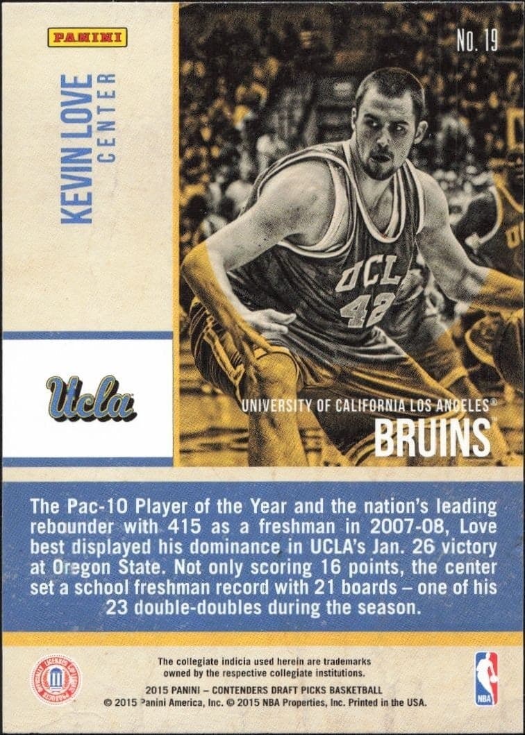 2015-16 Panini Contenders Draft Picks Kevin Love #19 basketball trading card back