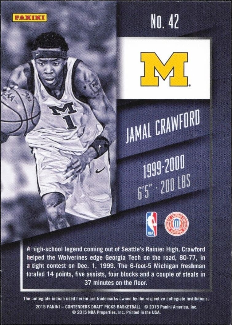 2015-16 Panini Contenders Draft Picks Jamal Crawford #42 basketball trading card back
