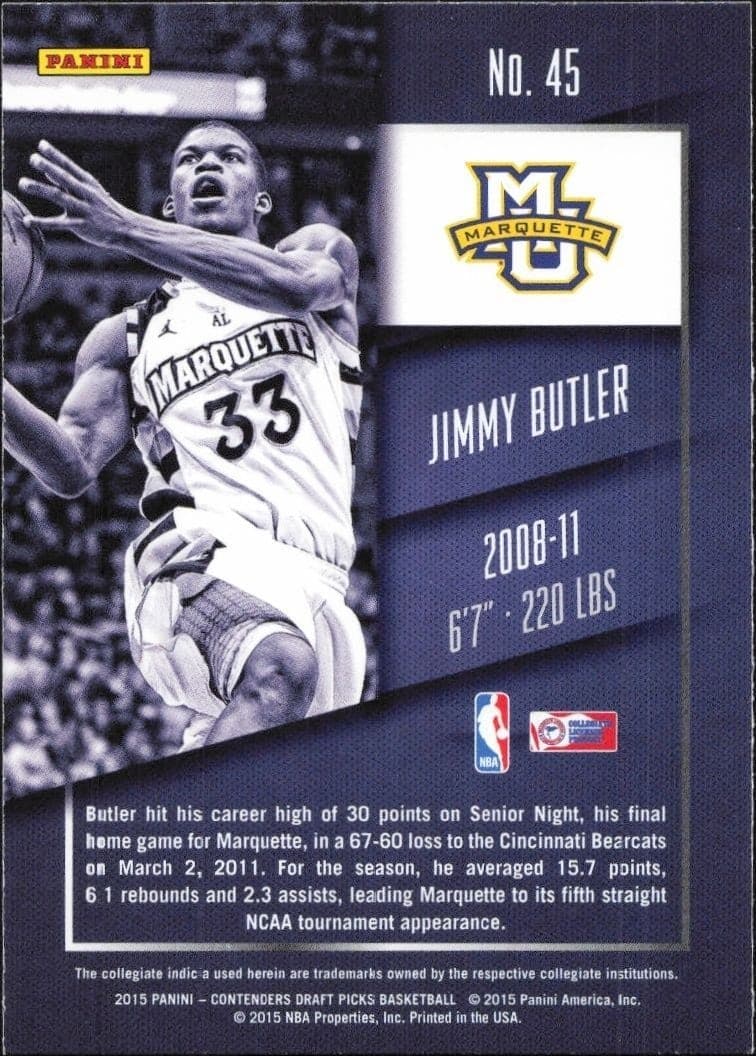 2015-16 Panini Contenders Draft Picks Jimmy Butler #45 basketball trading card back