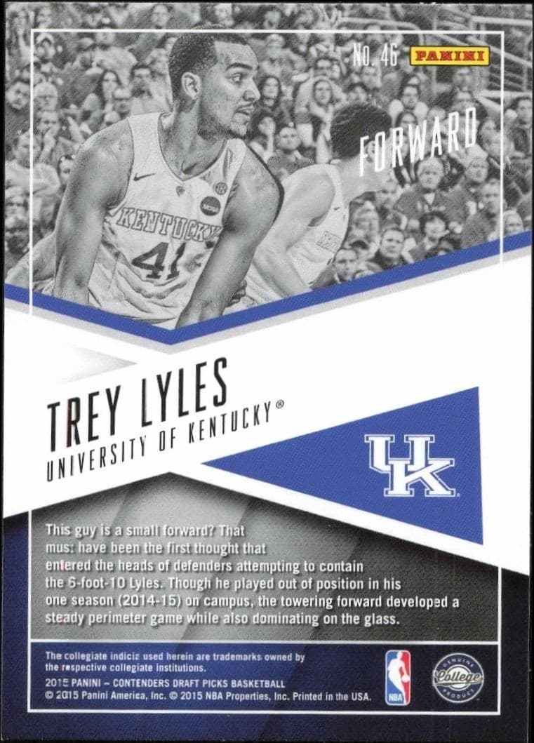 2015-16 Panini Contenders Draft Picks Trey Lyles #46 basketball trading card back