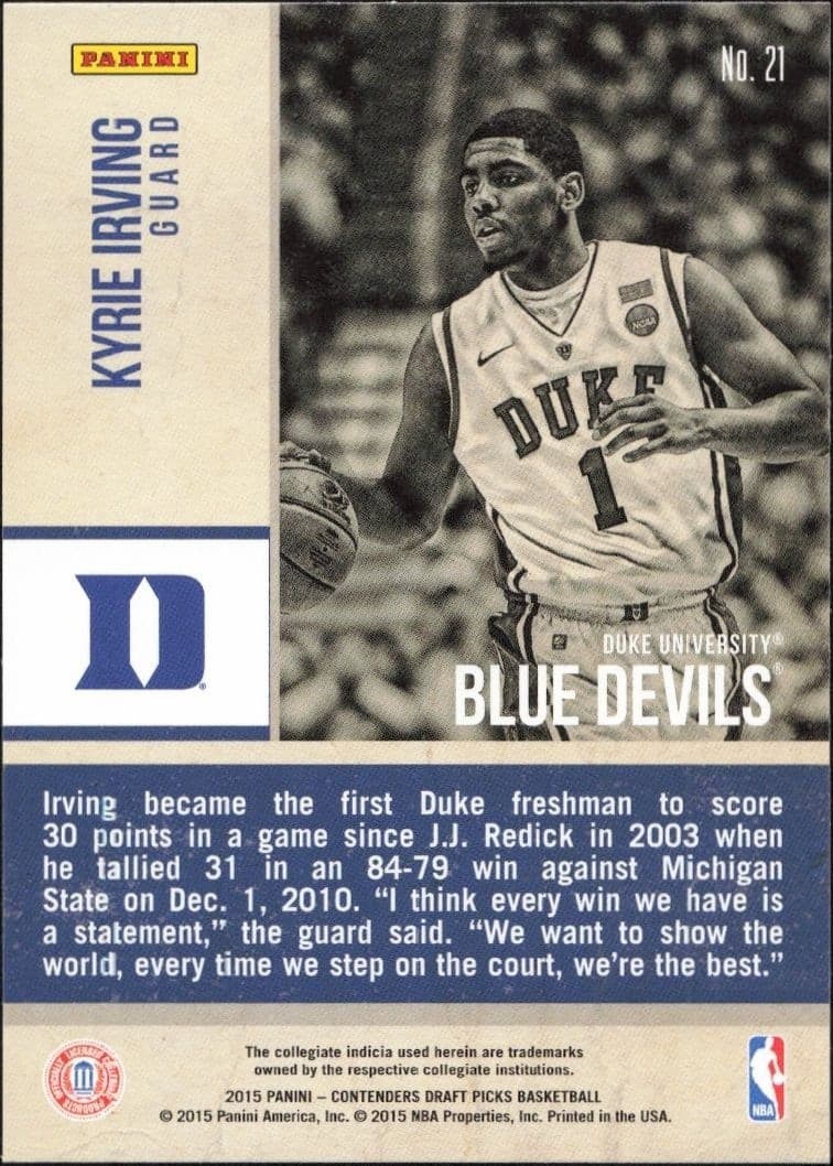 2015-16 Panini Contenders Draft Picks Kyrie Irving #21 basketball trading card back