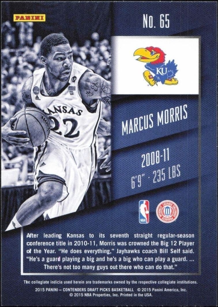 2015-16 Panini Contenders Draft Picks Marcus Morris #65 basketball trading card back