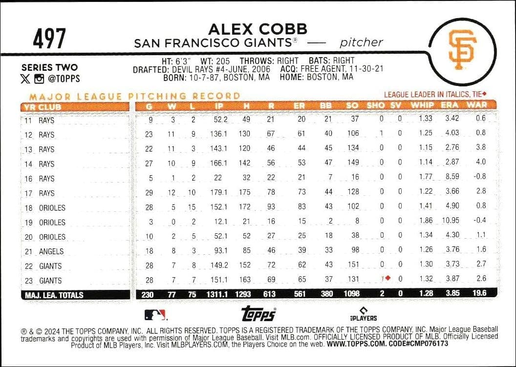 2024 Topps Series 2 Alex Cobb #497 baseball trading card back