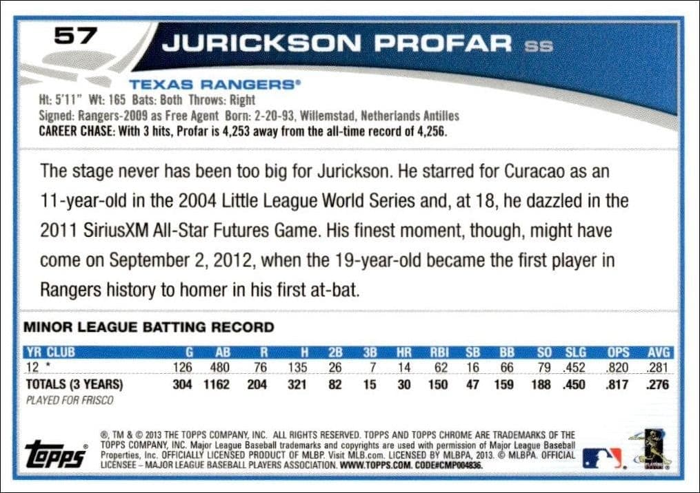 2013 Topps Chrome Jurickson Profar #57 baseball trading card back