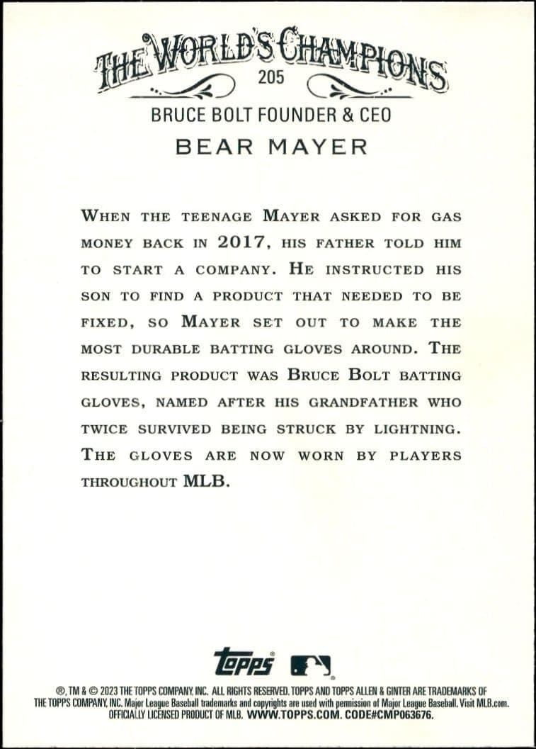 2023 Topps Allen & Ginter Bear Mayer #205 baseball trading card back