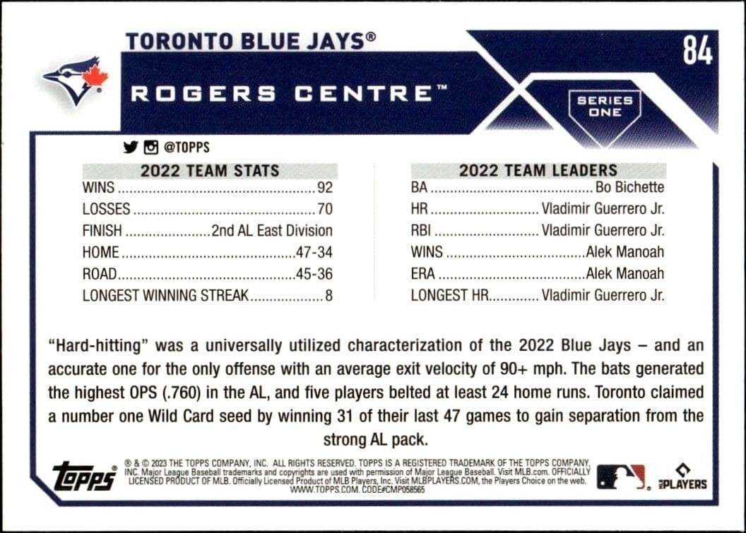 2023 Topps Toronto Blue Jays #84 baseball trading card back