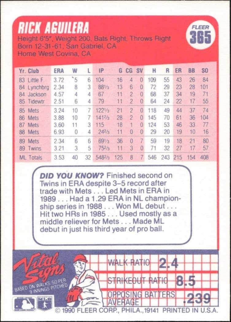 1990 Fleer Rick Aguilera #365 baseball trading card back