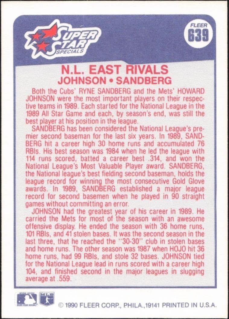 1990 Fleer Howard Johnson #639 baseball trading card back