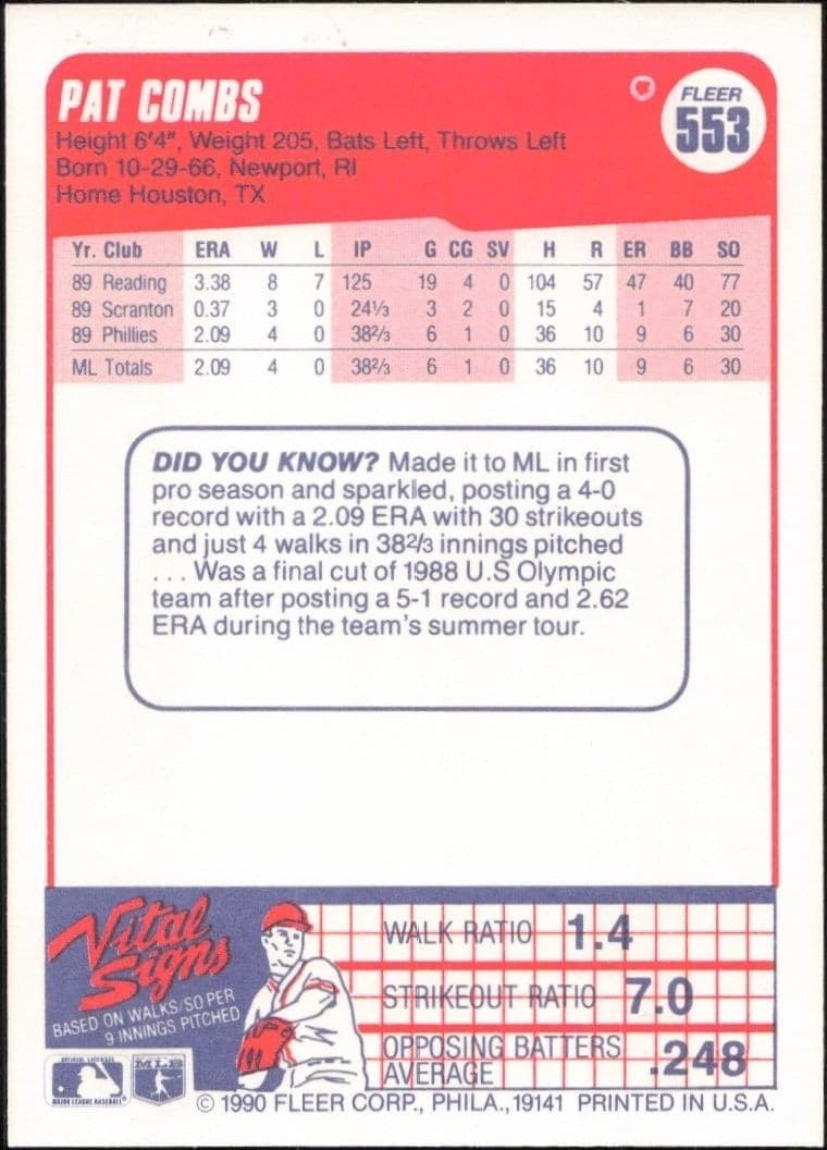 1990 Fleer Pat Combs #553 baseball trading card back
